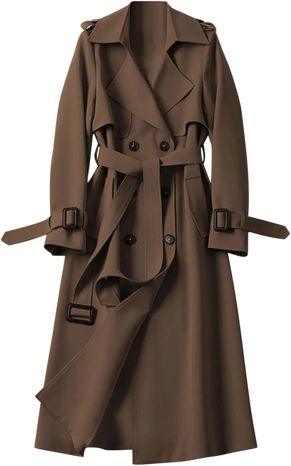 Women's Double Breasted Trench Coat Classic Mid-Length Belted Overcoat Trendy Fall Winter Dress Jacket with Pockets