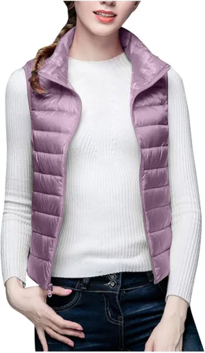 Womens Down Vest Coat Quilted Sleeveless Puffer Jacket Winter Warm Slim Fit Cotton-Padded Waistcoat Solid Color Gilet