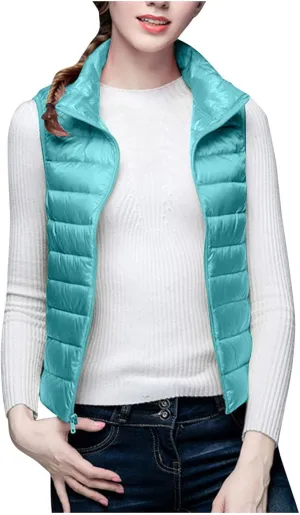 Womens Down Vest Coat Quilted Sleeveless Puffer Jacket Winter Warm Slim Fit Cotton-Padded Waistcoat Solid Color Gilet