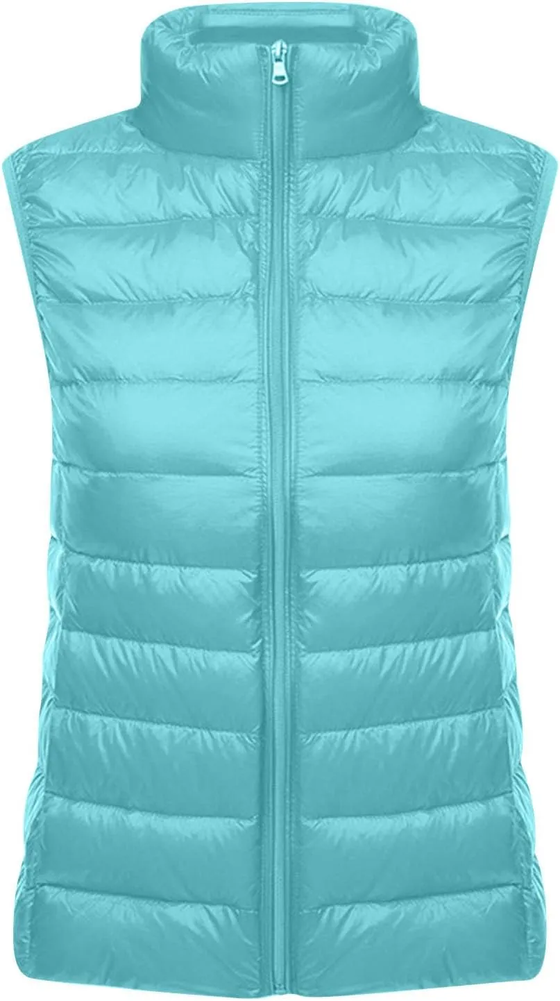Womens Down Vest Coat Quilted Sleeveless Puffer Jacket Winter Warm Slim Fit Cotton-Padded Waistcoat Solid Color Gilet