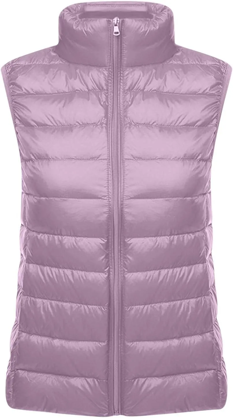 Womens Down Vest Coat Quilted Sleeveless Puffer Jacket Winter Warm Slim Fit Cotton-Padded Waistcoat Solid Color Gilet