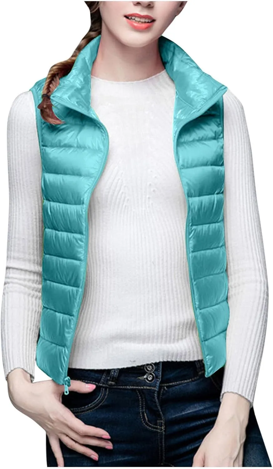 Womens Down Vest Coat Quilted Sleeveless Puffer Jacket Winter Warm Slim Fit Cotton-Padded Waistcoat Solid Color Gilet