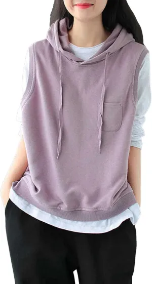 Women's Fashion Solid Hoodies Sweatshirts Sleeveless Drawstring Oversized Tops Loose Fit Pullover Shirts with Pocket