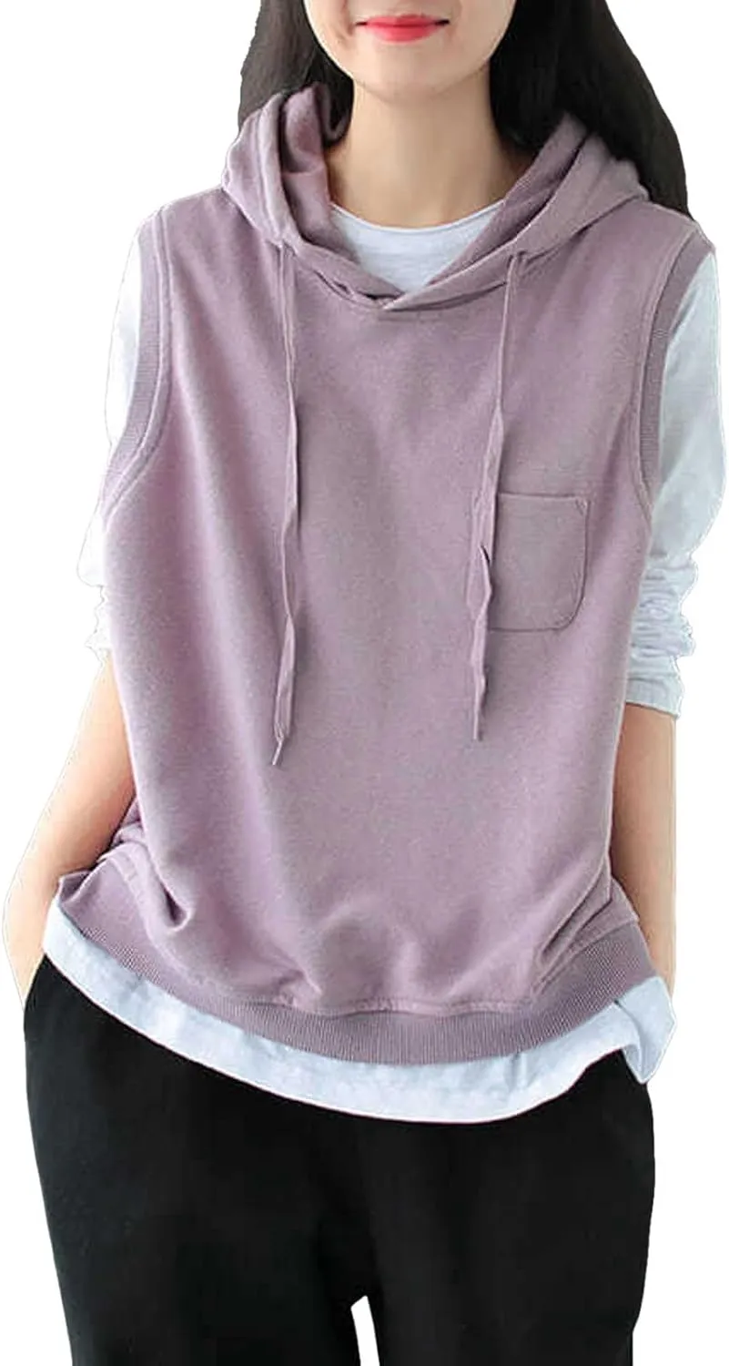 Women's Fashion Solid Hoodies Sweatshirts Sleeveless Drawstring Oversized Tops Loose Fit Pullover Shirts with Pocket