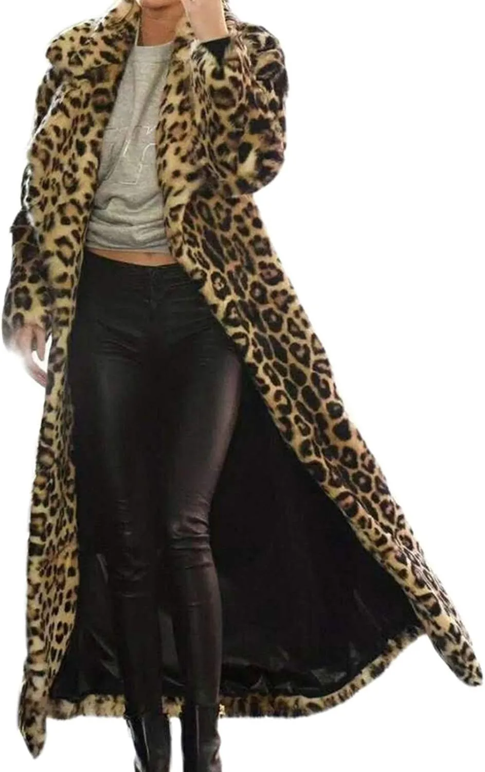 Women's Faux Fur Long Jackets Winter Warm Leopard Coats Oversized Open Front Cardigan Loose Long Sleeve Outerwear