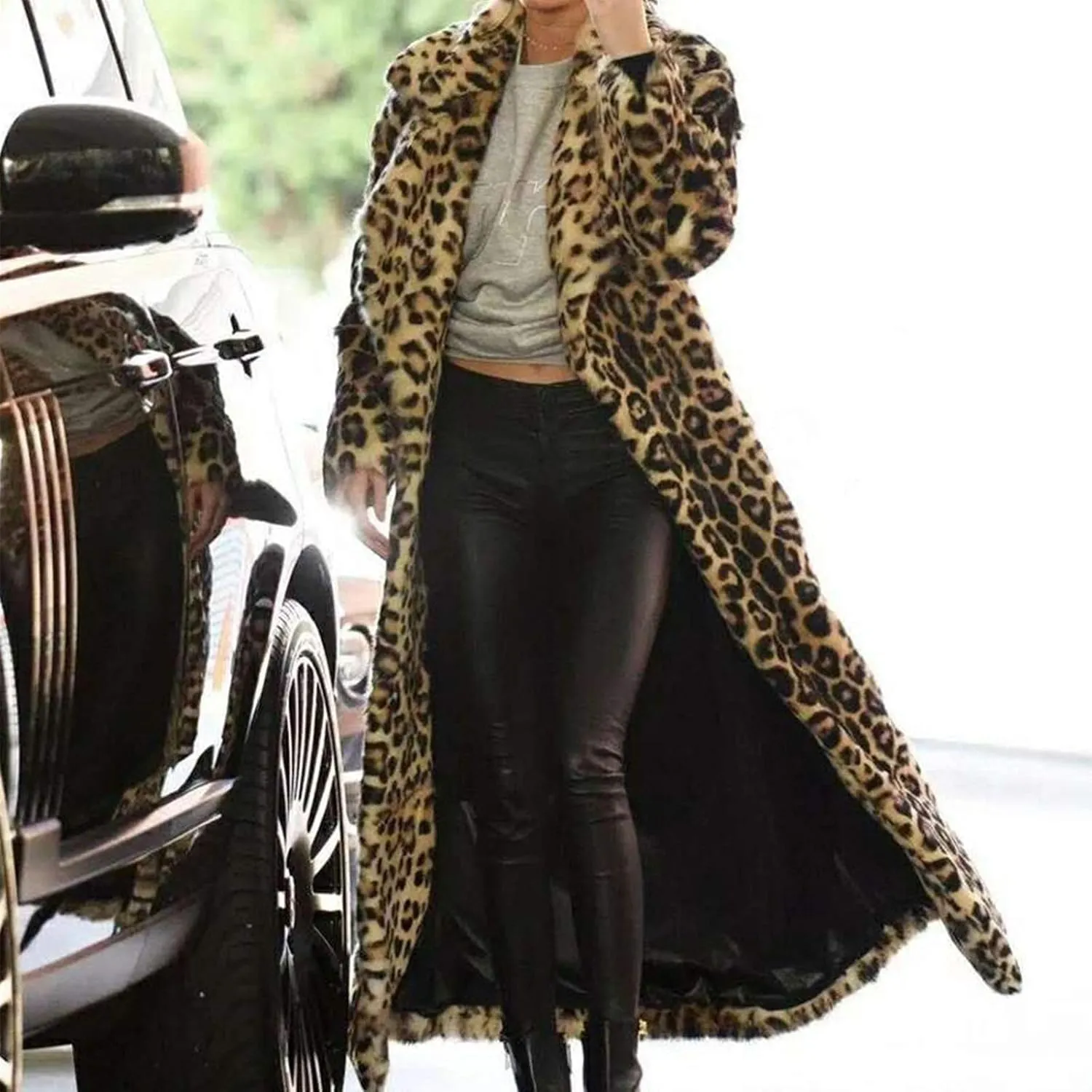 Women's Faux Fur Long Jackets Winter Warm Leopard Coats Oversized Open Front Cardigan Loose Long Sleeve Outerwear
