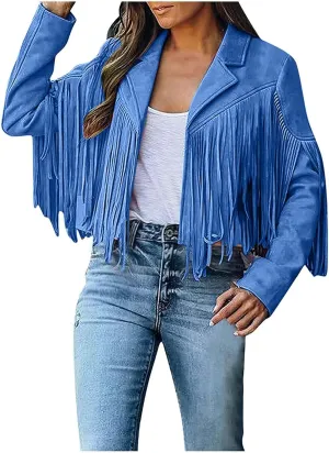 Women's Fringe Faux Suede Leather Jackets 2025 Fashion Tassel Motorcycle Cropped Coats Trendy Cardigan Outwear