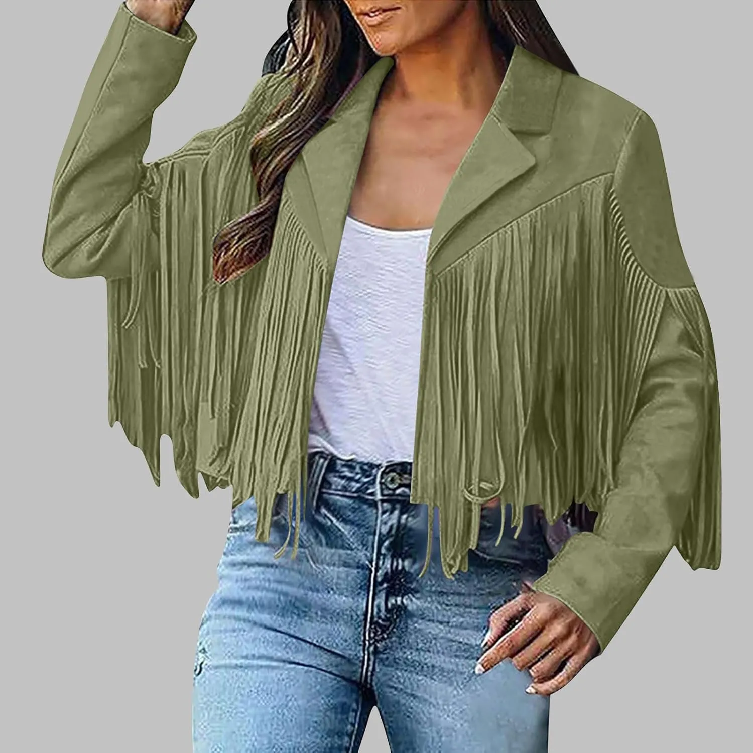 Women's Fringe Jacket Faux Suede Leather Jackets 2024 Fashion Tassel Motorcycle Cropped Coats Long Sleeve Coat
