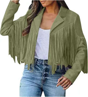 Women's Fringe Jacket Faux Suede Leather Jackets 2024 Fashion Tassel Motorcycle Cropped Coats Long Sleeve Coat