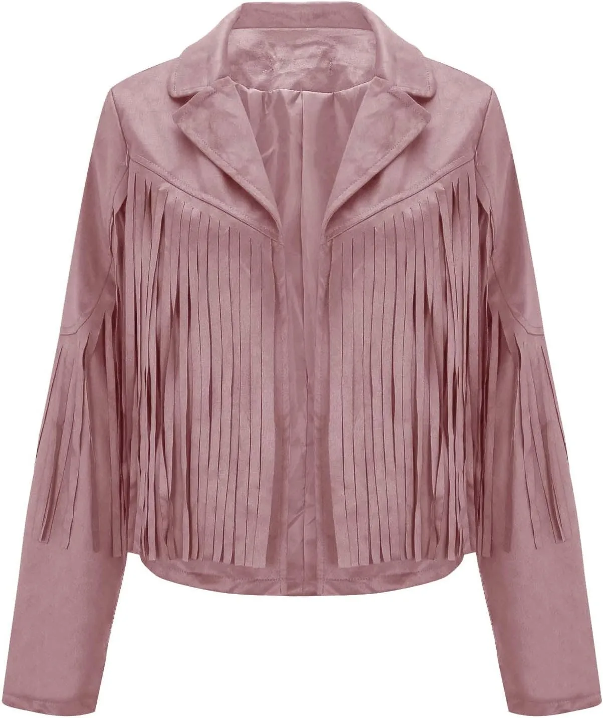 Womens Fringe Tassel Suede Jackets Fashion Crop Faux Leather Motorcycle Coats Vintage Long Sleeve Lapel Neck Cardigan