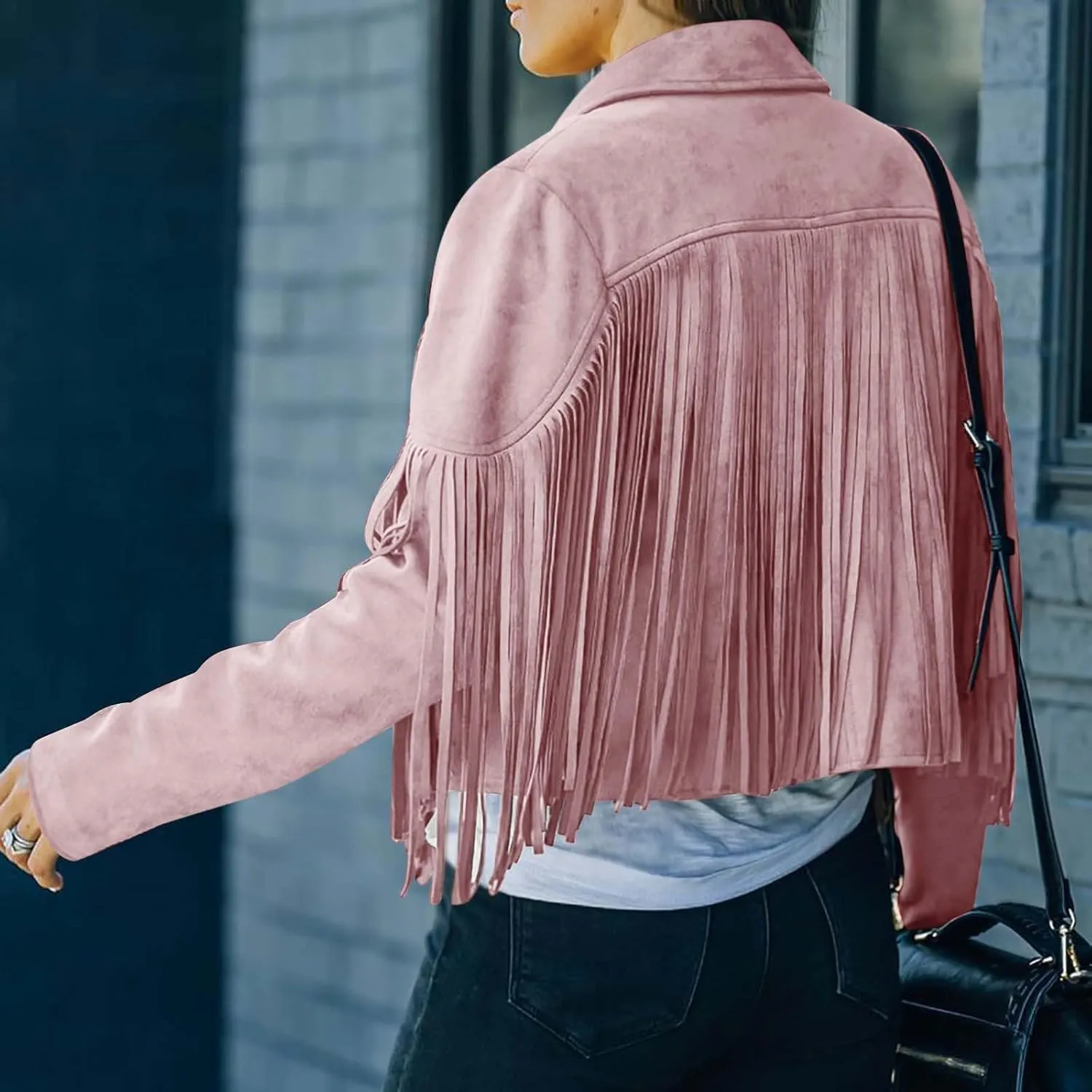 Womens Fringe Tassel Suede Jackets Fashion Crop Faux Leather Motorcycle Coats Vintage Long Sleeve Lapel Neck Cardigan