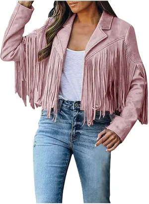 Womens Fringe Tassel Suede Jackets Fashion Crop Faux Leather Motorcycle Coats Vintage Long Sleeve Lapel Neck Cardigan
