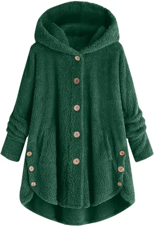 Women's Fuzzy Fleece Coat Plus Size Shearling Jacket Oversized Hoodie Sweater Coat Button Down Outerwear with Pockets