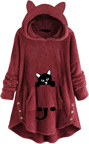 Women's Fuzzy Fleece Pullover Hoodie with Cat Ear Sherpa Oversized Hooded Sweatshirts Cute Pocket Winter Warm Coats