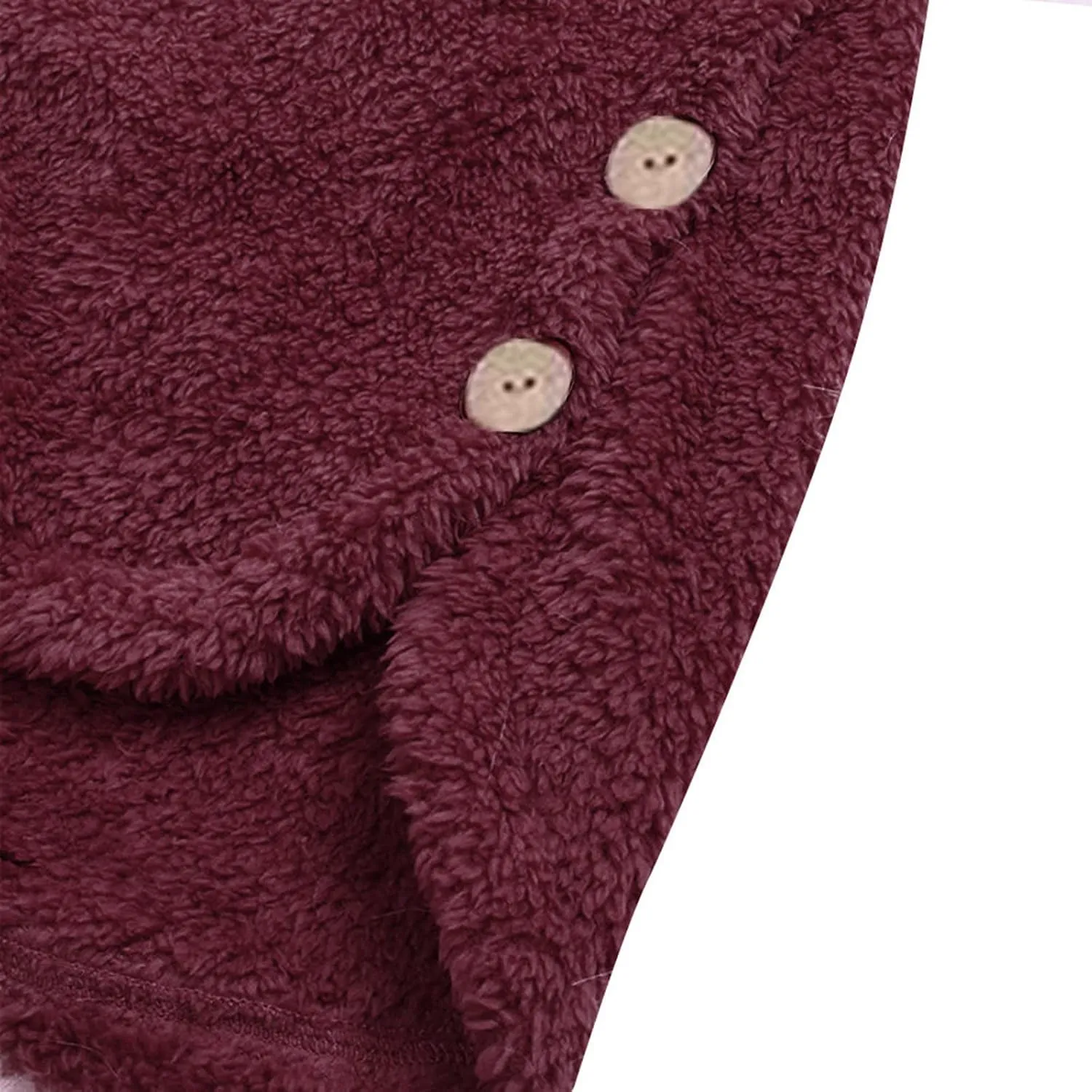 Women's Fuzzy Fleece Pullover Hoodie with Cat Ear Sherpa Oversized Hooded Sweatshirts Cute Pocket Winter Warm Coats