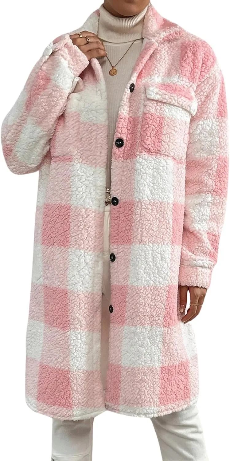 Womens Fuzzy Sherpa Long Jacket Plaid Shackets Jackets Button Down Lapel Trench Coat Warm Gingham Teddy Coat