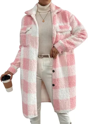 Womens Fuzzy Sherpa Long Jacket Plaid Shackets Jackets Button Down Lapel Trench Coat Warm Gingham Teddy Coat
