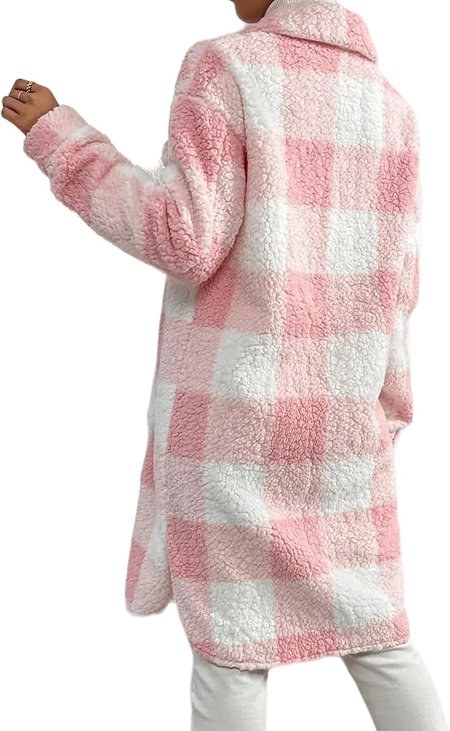 Womens Fuzzy Sherpa Long Jacket Plaid Shackets Jackets Button Down Lapel Trench Coat Warm Gingham Teddy Coat
