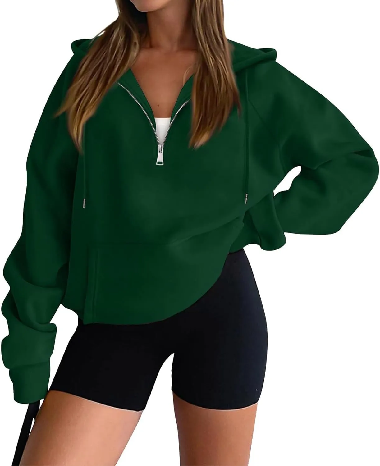 Womens Half Zip Hoodies Cropped Pullover Casual Long Sleeve Hooded Sweatshirts Quarter Zipper Sweatshirt Fall Clothes
