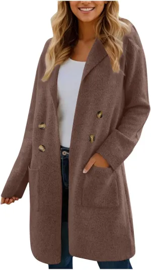 Womens Light Weight Wool Blend Coat Wool Double Breasted Pea Coats Notch Lapel Trench Coat Trendy Long Winter Coats