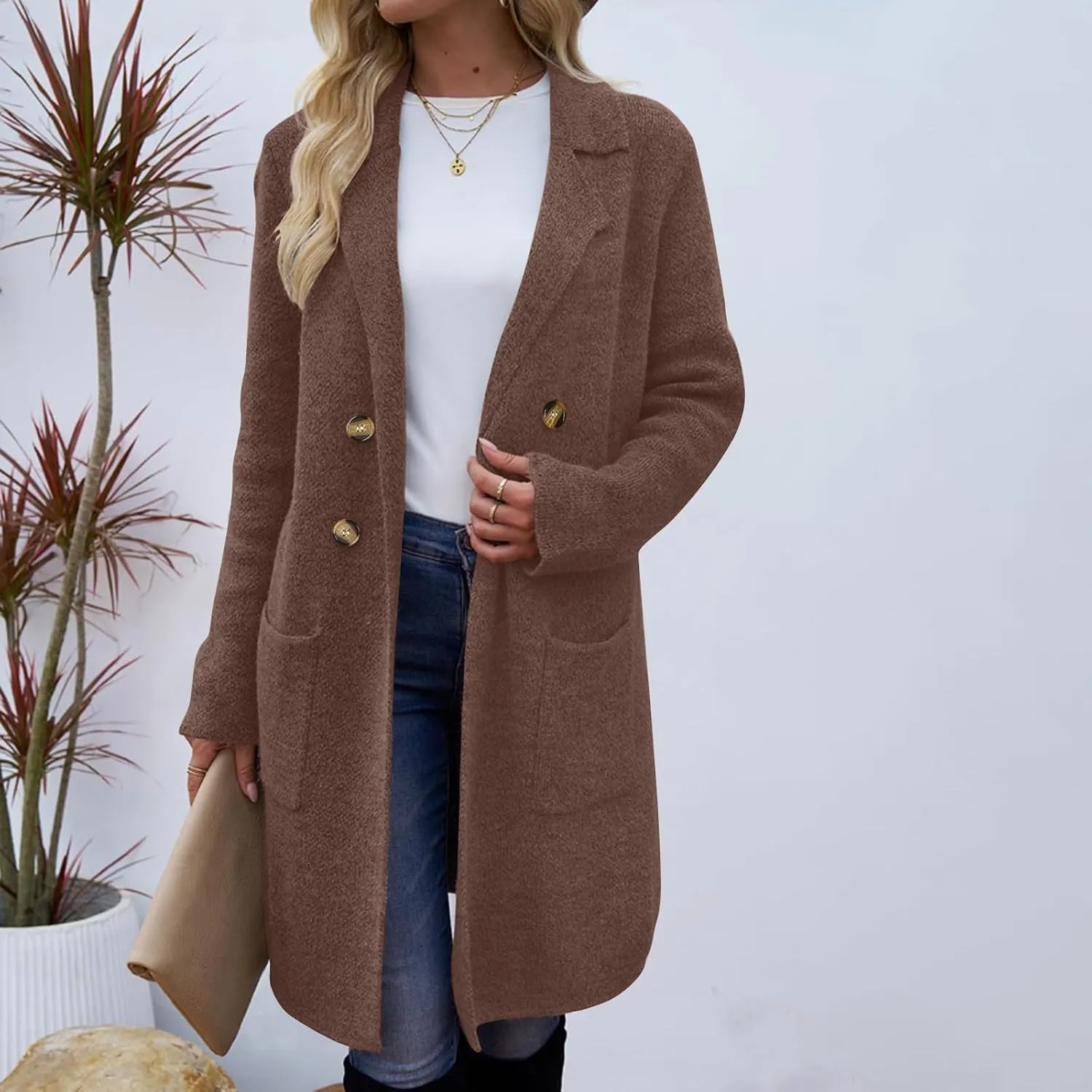 Womens Light Weight Wool Blend Coat Wool Double Breasted Pea Coats Notch Lapel Trench Coat Trendy Long Winter Coats