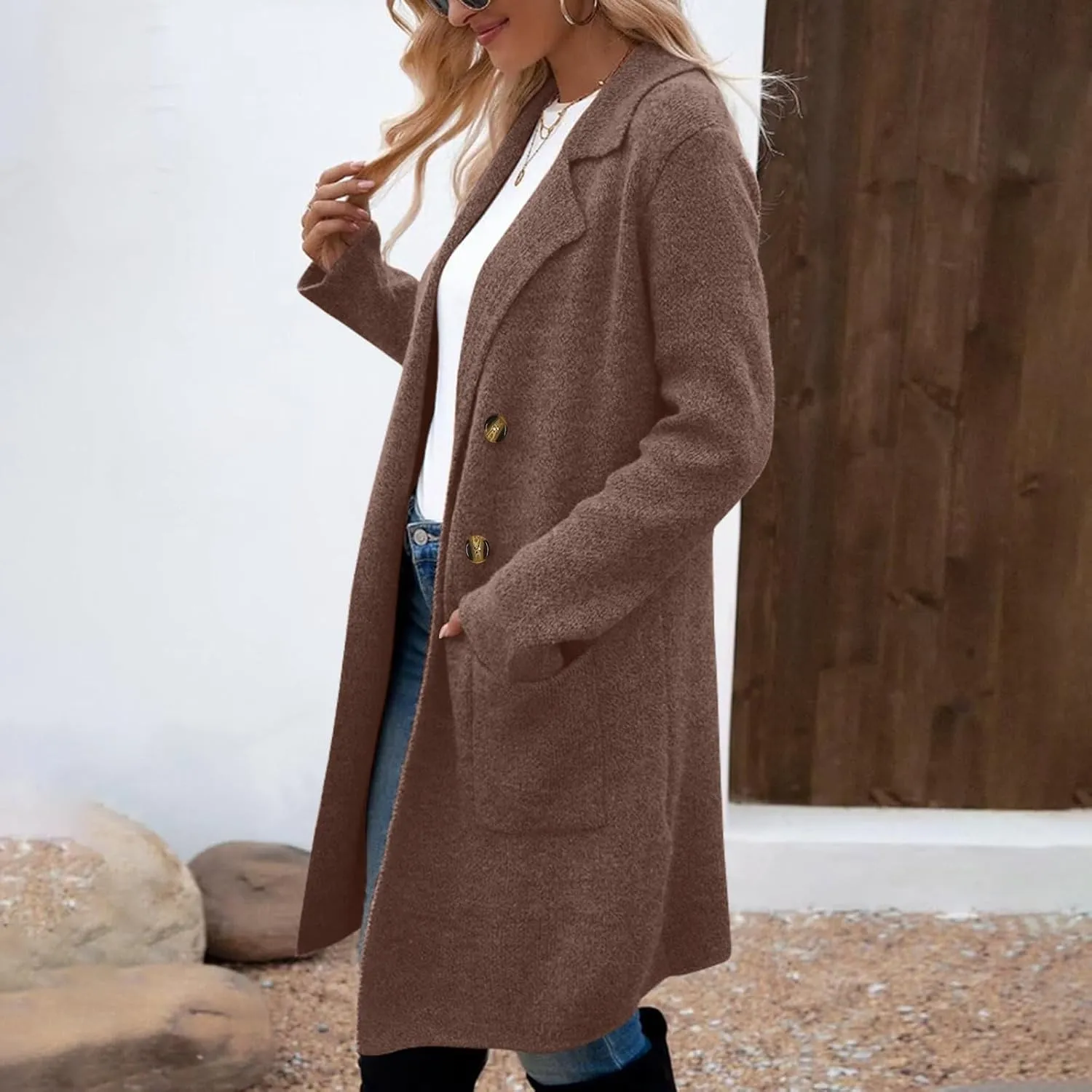 Womens Light Weight Wool Blend Coat Wool Double Breasted Pea Coats Notch Lapel Trench Coat Trendy Long Winter Coats