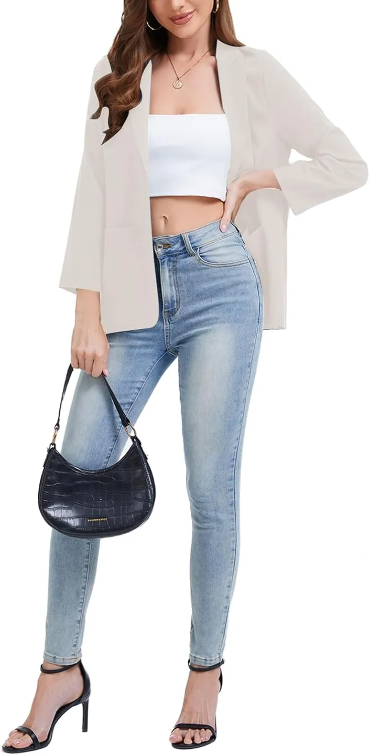 Women's Linen Jacket Blazer 3/4 Ruched Sleeves Lightweight Button Lapel 2025 Casual Slim Spring Summer Jackets