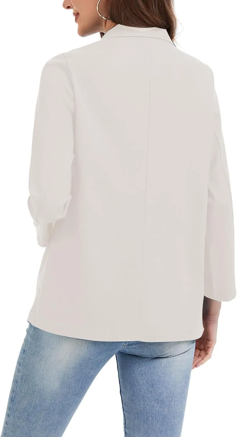 Women's Linen Jacket Blazer 3/4 Ruched Sleeves Lightweight Button Lapel 2025 Casual Slim Spring Summer Jackets