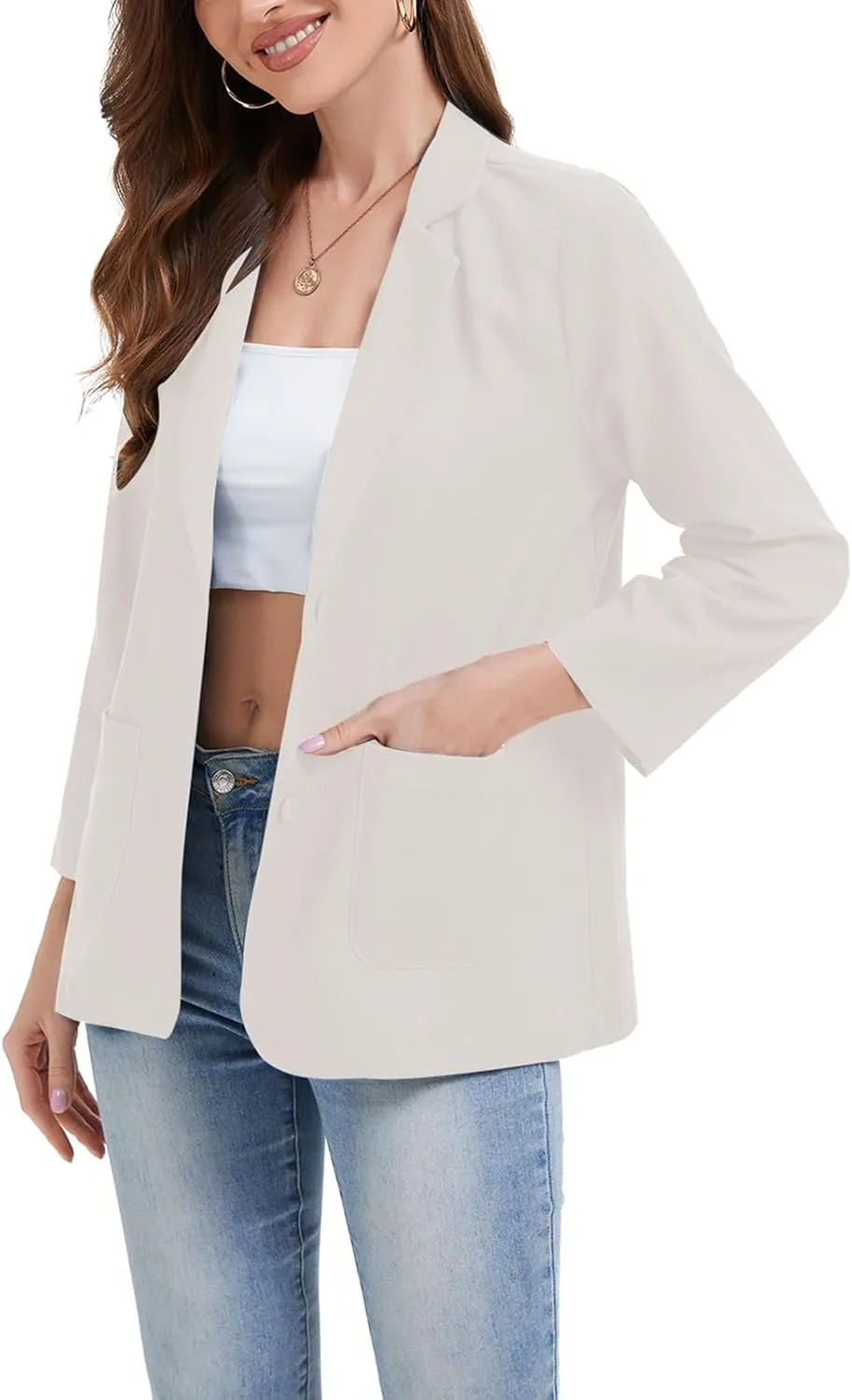 Women's Linen Jacket Blazer 3/4 Ruched Sleeves Lightweight Button Lapel 2025 Casual Slim Spring Summer Jackets