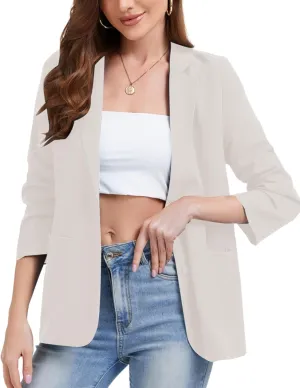 Women's Linen Jacket Blazer 3/4 Ruched Sleeves Lightweight Button Lapel 2025 Casual Slim Spring Summer Jackets