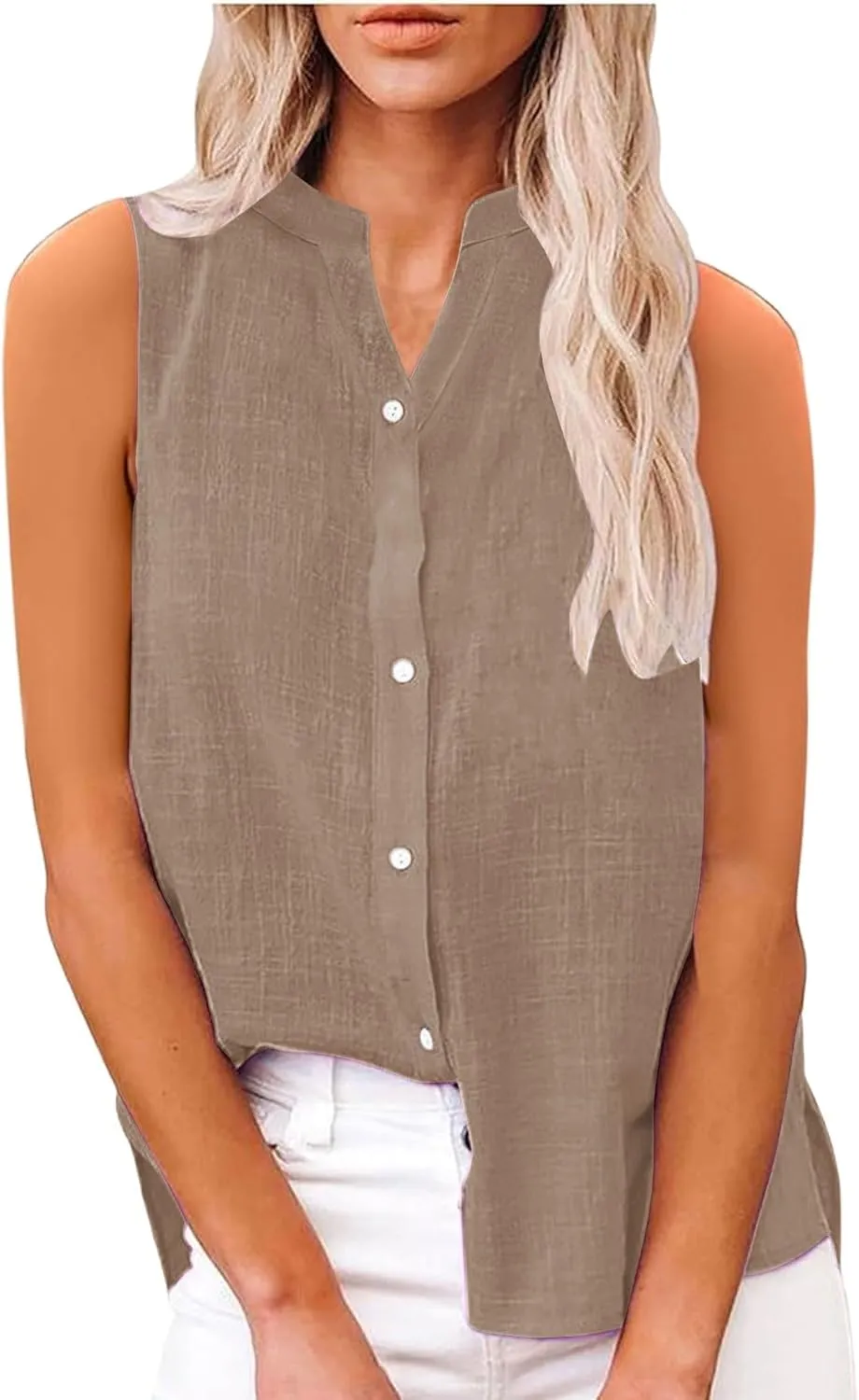 Womens Linen Tank Top 2025 Summer Casual Soft Loose V Neck Button Down Sleeveless Trendy Tee Shirts