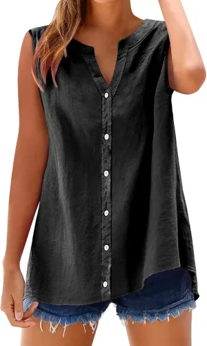 Womens Linen Tank Top 2025 Summer Casual Soft Loose V Neck Button Down Sleeveless Trendy Tee Shirts