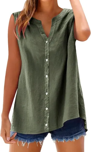Womens Linen Tank Top 2025 Summer Casual Soft Loose V Neck Button Down Sleeveless Trendy Tee Shirts