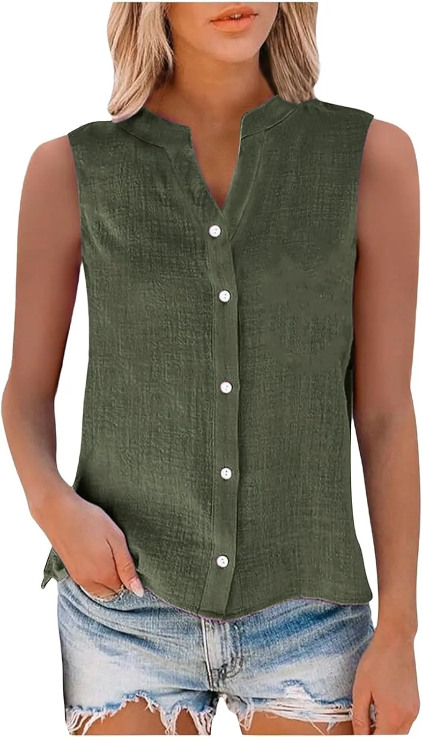 Womens Linen Tank Top 2025 Summer Casual Soft Loose V Neck Button Down Sleeveless Trendy Tee Shirts