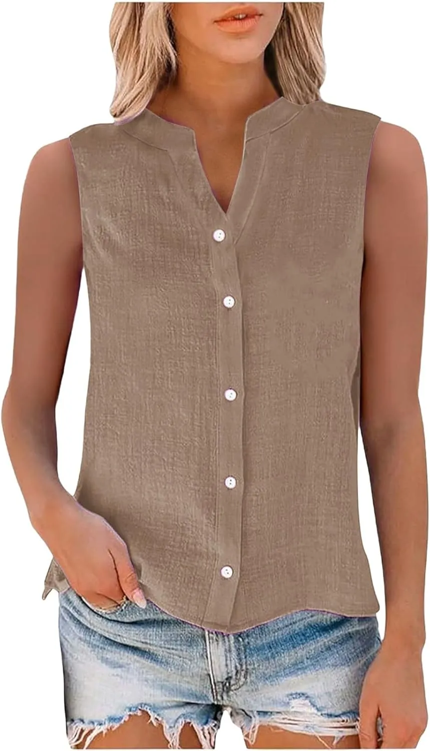 Womens Linen Tank Top 2025 Summer Casual Soft Loose V Neck Button Down Sleeveless Trendy Tee Shirts
