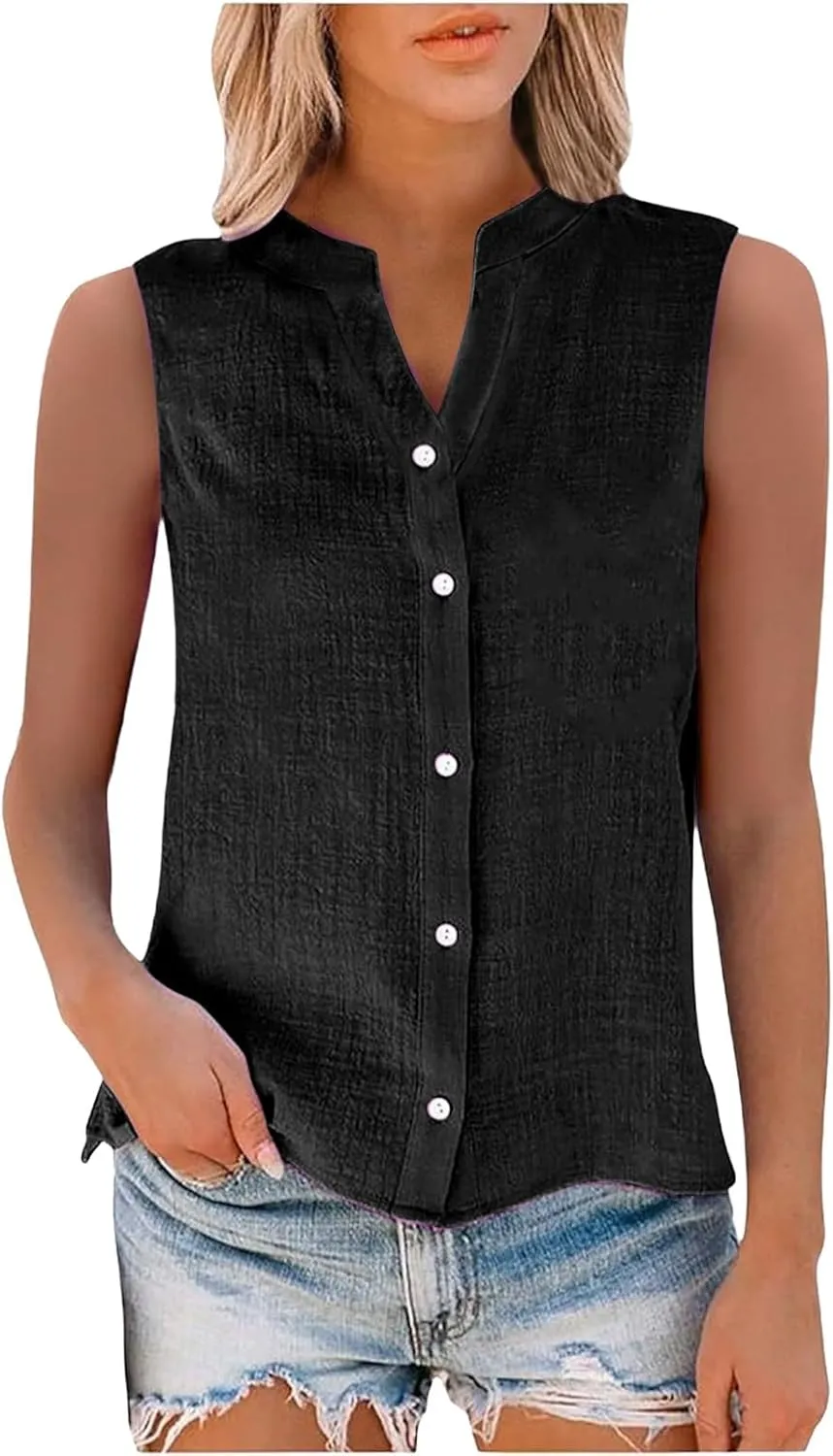 Womens Linen Tank Top 2025 Summer Casual Soft Loose V Neck Button Down Sleeveless Trendy Tee Shirts