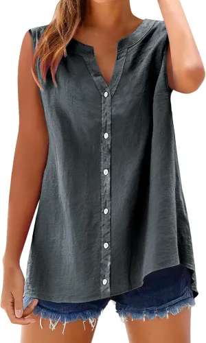 Womens Linen Tank Top 2025 Summer Casual Soft Loose V Neck Button Down Sleeveless Trendy Tee Shirts