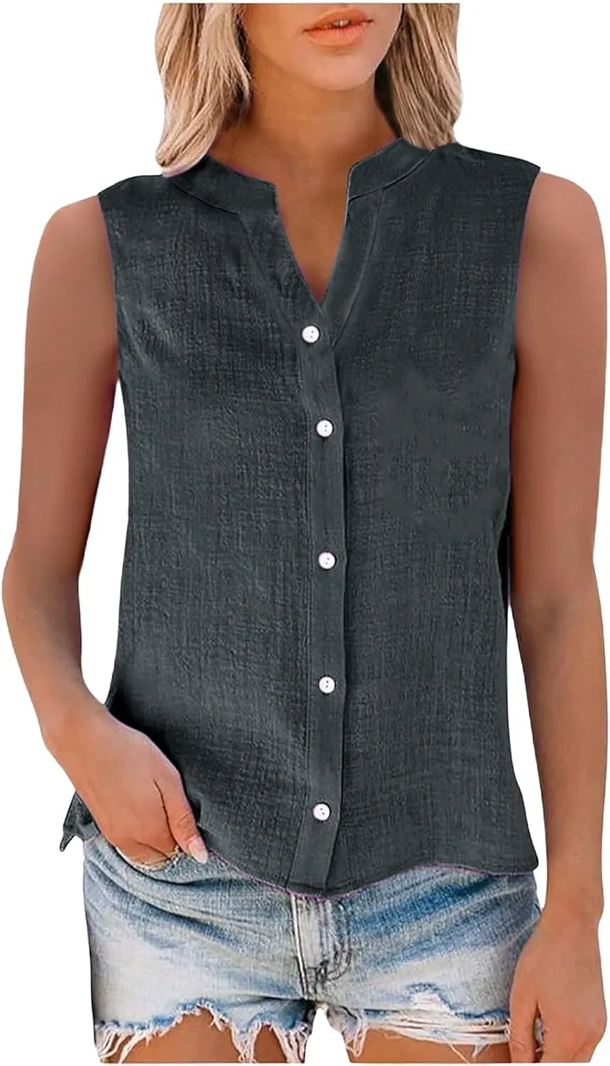 Womens Linen Tank Top 2025 Summer Casual Soft Loose V Neck Button Down Sleeveless Trendy Tee Shirts