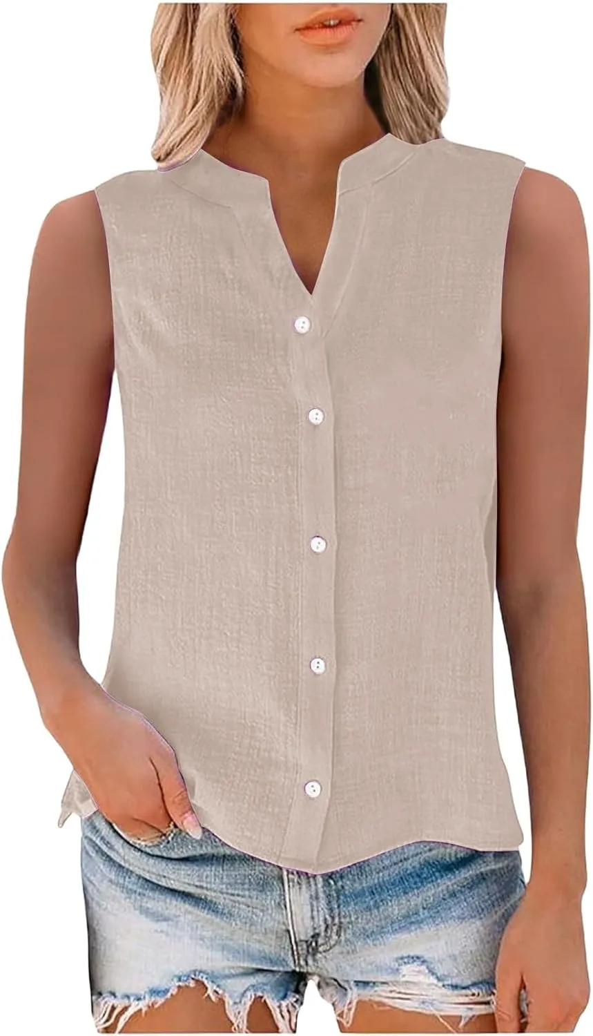 Womens Linen Tank Top 2025 Summer Casual Soft Loose V Neck Button Down Sleeveless Trendy Tee Shirts