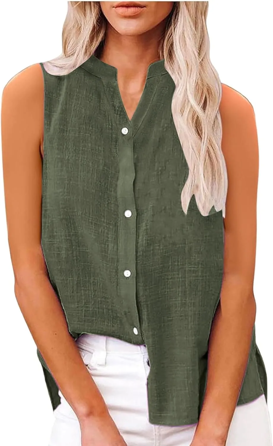 Womens Linen Tank Top 2025 Summer Casual Soft Loose V Neck Button Down Sleeveless Trendy Tee Shirts