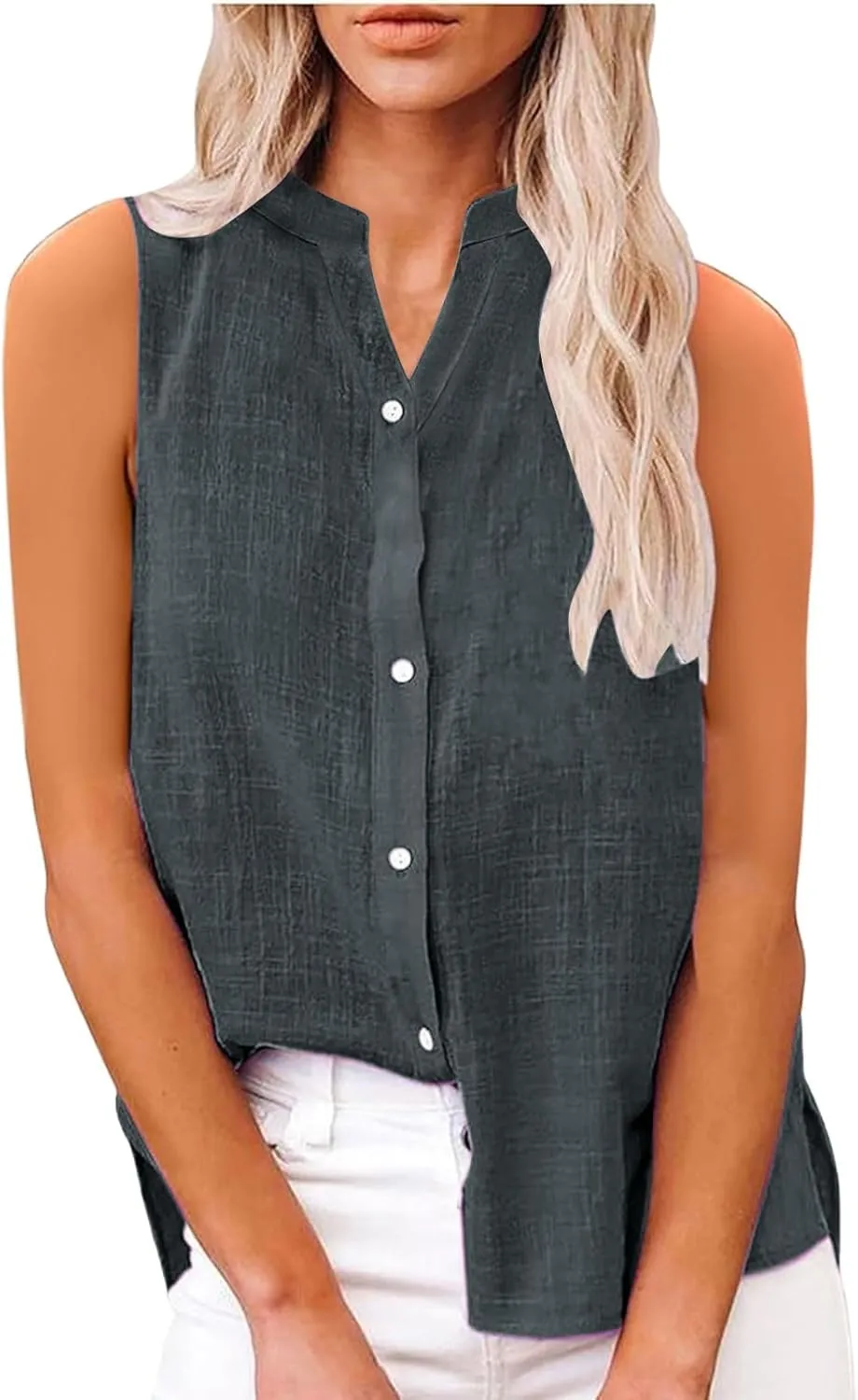 Womens Linen Tank Top 2025 Summer Casual Soft Loose V Neck Button Down Sleeveless Trendy Tee Shirts
