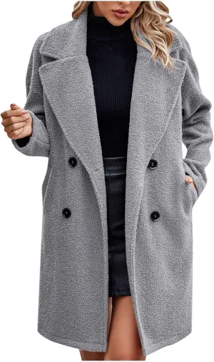 Womens Long Double Breasted Pea Coat Fuzzy Fleece Trench Coat Notch Lapel Collar Overcoat Sherpa Mid Length Jacket