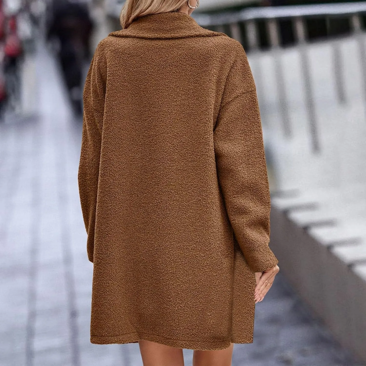 Womens Long Double Breasted Pea Coat Fuzzy Fleece Trench Coat Notch Lapel Collar Overcoat Sherpa Mid Length Jacket