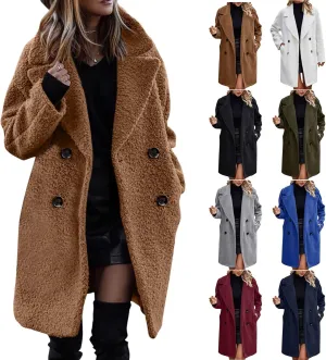 Womens Long Double Breasted Pea Coat Fuzzy Fleece Trench Coat Notch Lapel Collar Overcoat Sherpa Mid Length Jacket