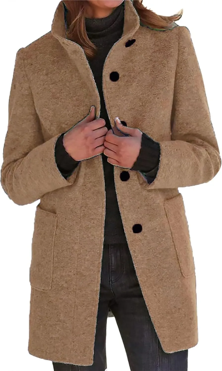 Women's Long Pea Coats Casual Stand Collar Wool Blend Coats Winter Soild Color Thicken Trench Coat Overcoat