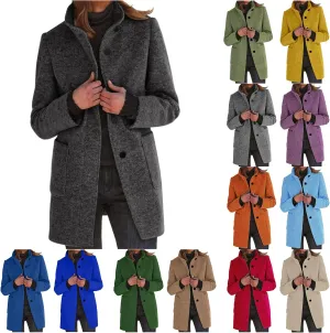 Women's Long Pea Coats Casual Stand Collar Wool Blend Coats Winter Soild Color Thicken Trench Coat Overcoat
