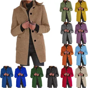 Women's Long Pea Coats Casual Stand Collar Wool Blend Coats Winter Soild Color Thicken Trench Coat Overcoat