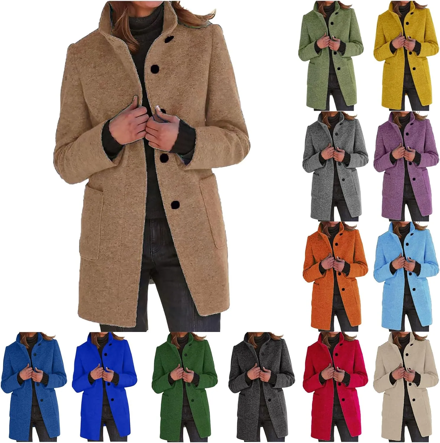 Women's Long Pea Coats Casual Stand Collar Wool Blend Coats Winter Soild Color Thicken Trench Coat Overcoat