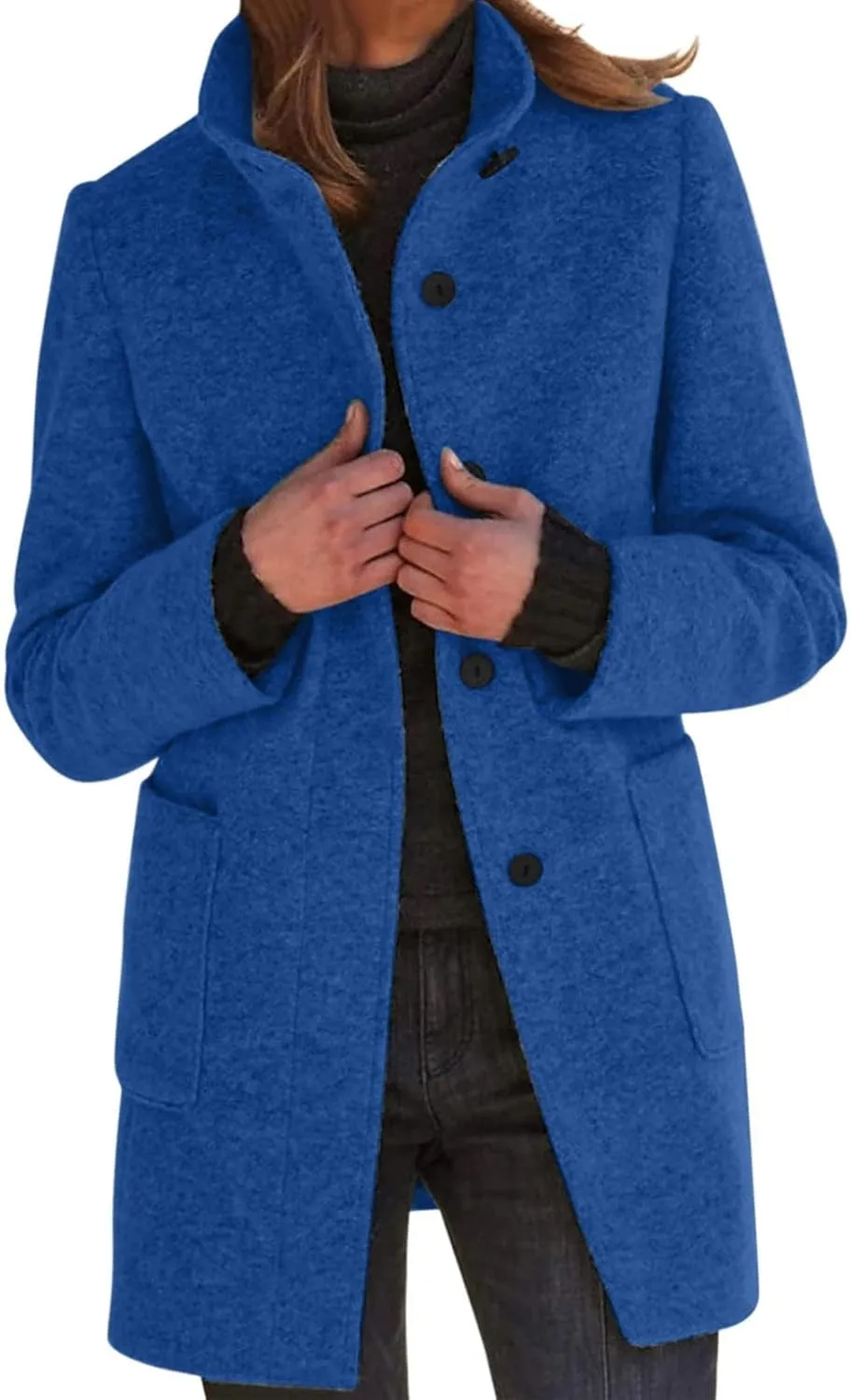 Women's Long Pea Coats Casual Stand Collar Wool Blend Coats Winter Soild Color Thicken Trench Coat Overcoat