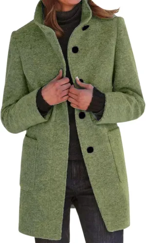 Women's Long Pea Coats Casual Stand Collar Wool Blend Coats Winter Soild Color Thicken Trench Coat Overcoat